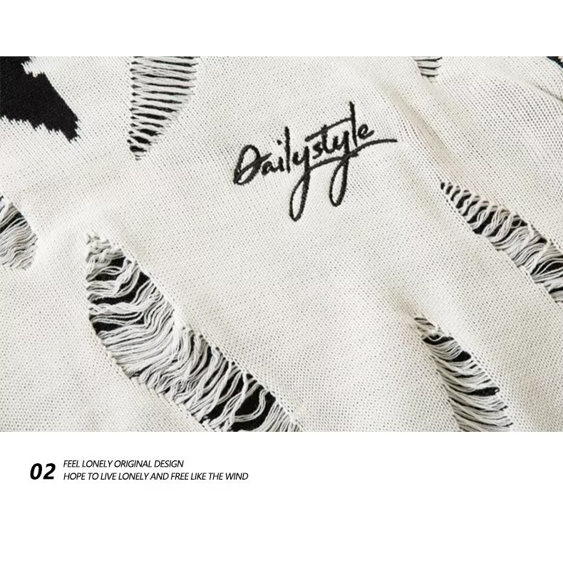 Áo Sweater Dệt Kim Tay Dài Dáng Rộng Màu Trắng Đen Phối Rách Thời Trang Xuân Thu Cho Nam Và Nữ