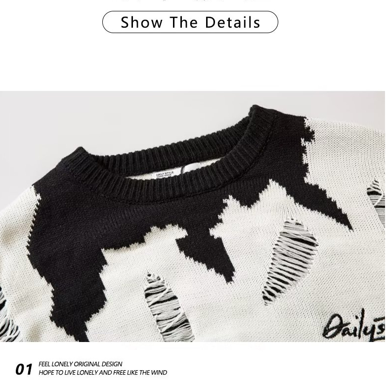 Áo Sweater Dệt Kim Tay Dài Dáng Rộng Màu Trắng Đen Phối Rách Thời Trang Xuân Thu Cho Nam Và Nữ