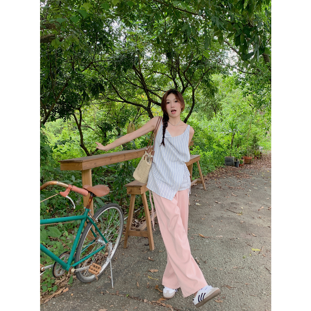 Áo Hai Dây cotton Họa Tiết Sọc Trắng Xanh Không Đối Xứng