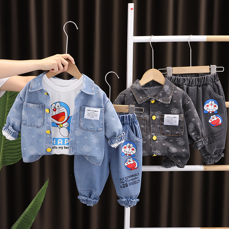 Set Đồ 3 Món Gồm Áo Hoodie Cotton In Hình Hoạt Hình Doraemon + Quần Denim Cho Bé
