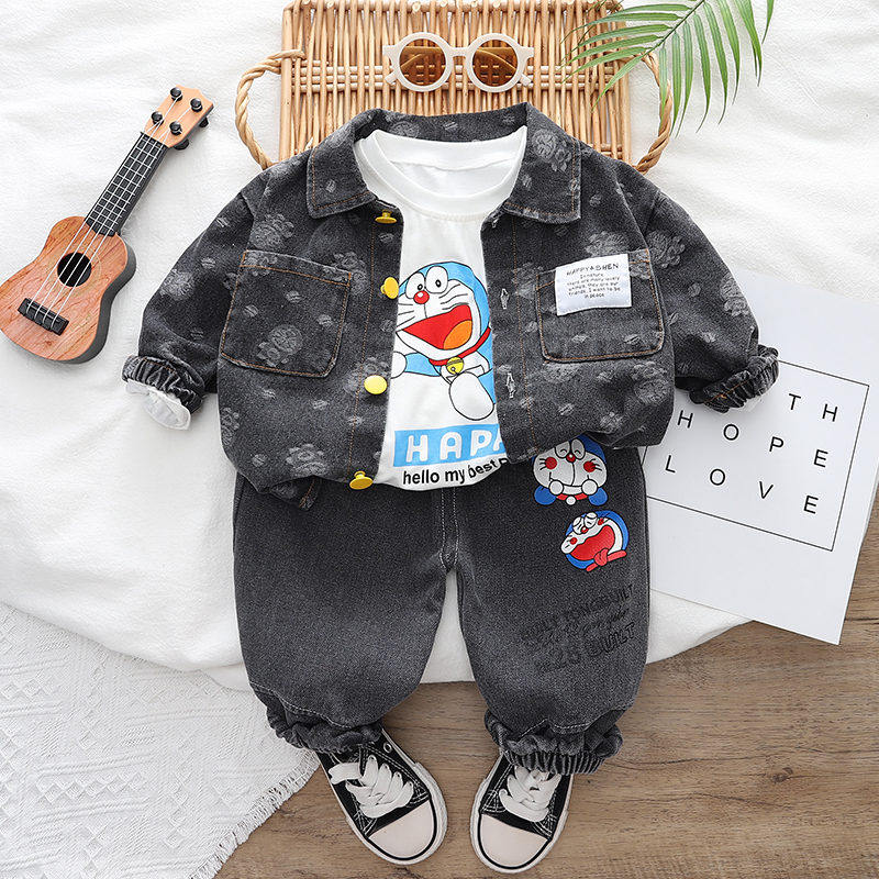 Set Đồ 3 Món Gồm Áo Hoodie Cotton In Hình Hoạt Hình Doraemon + Quần Denim Cho Bé