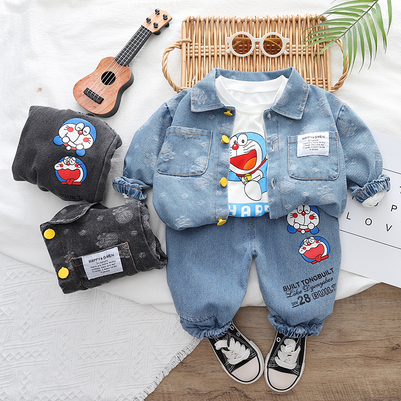 Set Đồ 3 Món Gồm Áo Hoodie Cotton In Hình Hoạt Hình Doraemon + Quần Denim Cho Bé