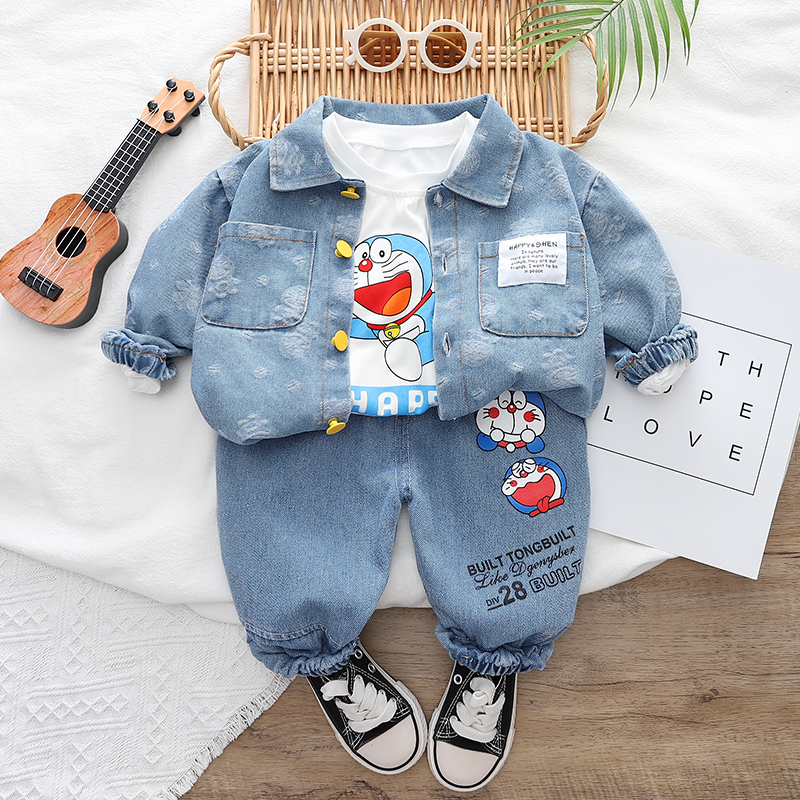 Set Đồ 3 Món Gồm Áo Hoodie Cotton In Hình Hoạt Hình Doraemon + Quần Denim Cho Bé