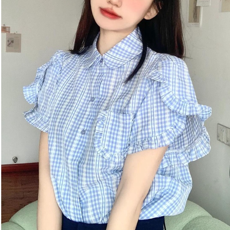 Áo Sơ Mi Chiffon Tay Phồng Họa Tiết Sọc Caro Màu Xanh Dương Phong Cách Pháp Thời Trang Mùa Hè Mới