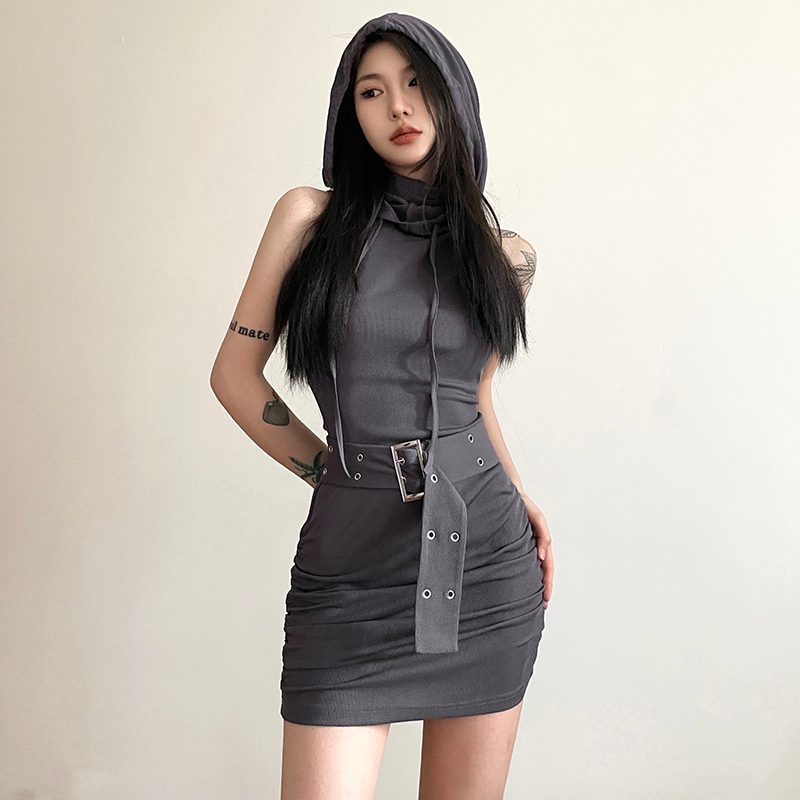 Klalien Đầm Ngắn Dáng Ôm Không Tay Có Mũ Trùm Thời Trang Mùa Hè Giản Dị Dành Cho Nữ