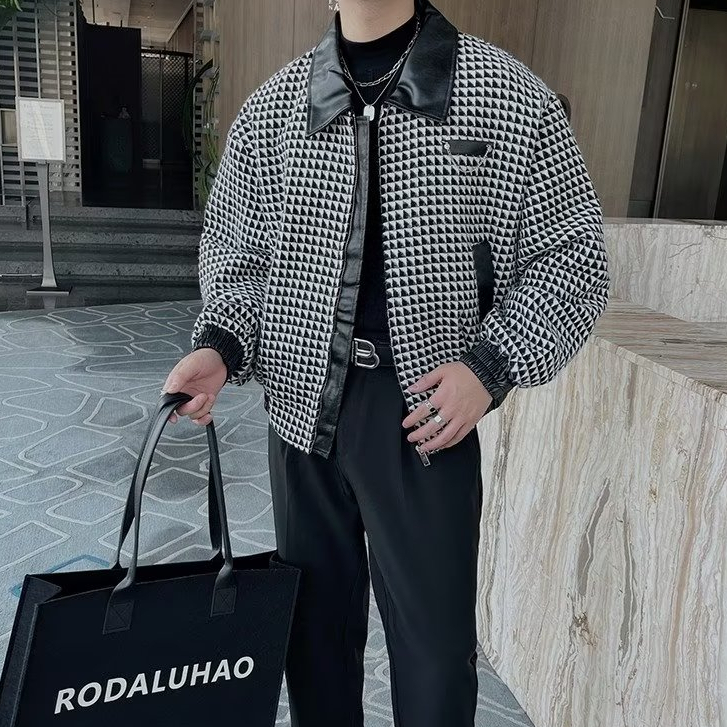 【M-3XL】Áo khoác dáng ngắn họa tiết houndstooth thời trang thu Đông chất lượng cao cho nam Áo khoác dây kéo sành Điệu thời trang  phong cách Hàn Quốc chất