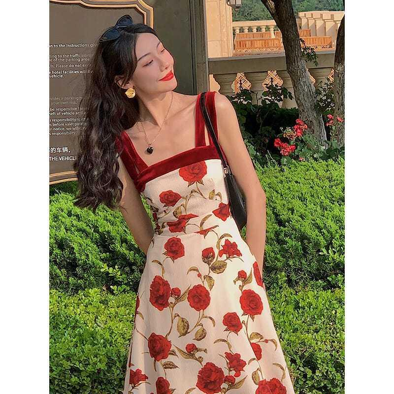 Vintage phong cách hoa hồng in đầm cho phụ nữ mùa hè ánh sáng chín gió sling váy hka067