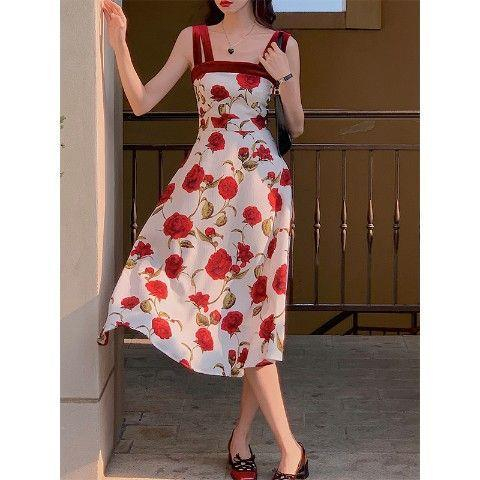 Vintage phong cách hoa hồng in đầm cho phụ nữ mùa hè ánh sáng chín gió sling váy hka067