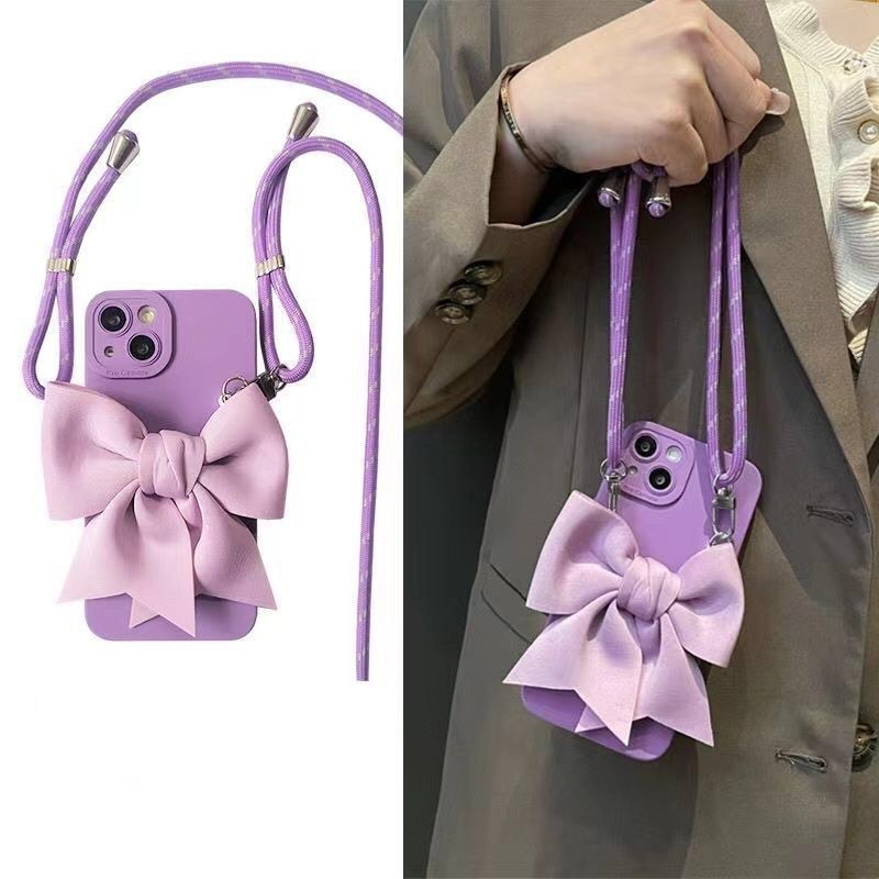Ốp Điện Thoại Dẻo Màu Tím Kèm Dây Đeo & Nơ Xinh Xắn Cho iPhone13Mini 11 12ProMax XR XSMAX 7 / 8PLUS 6 / 6s SE2020 14Promax