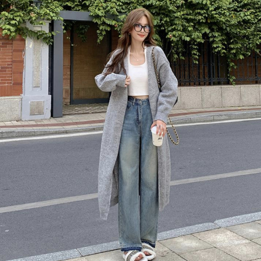 PINXIANG Áo Khoác Len cardigan Dáng Rộng Dài Qua Gối Thời Trang Mới Cho Nữ