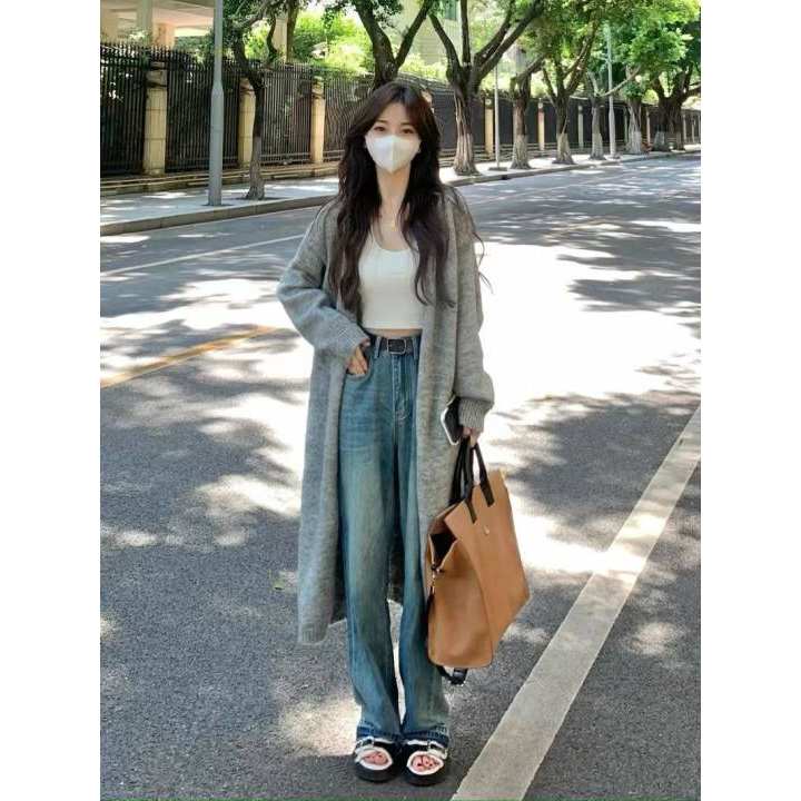 PINXIANG Áo Khoác Len cardigan Dáng Rộng Dài Qua Gối Thời Trang Mới Cho Nữ