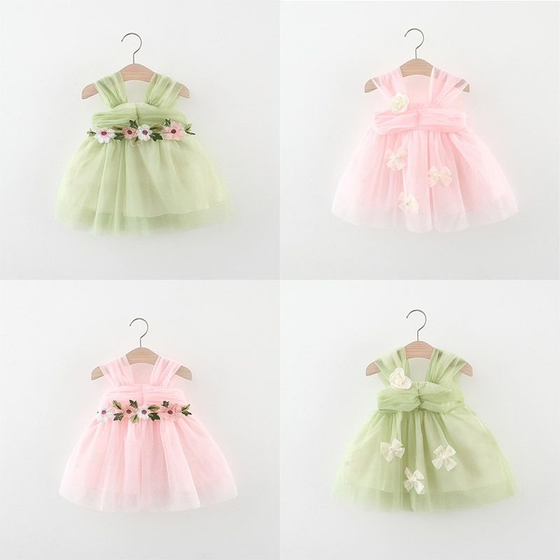 Đầm Công Chúa Hai Dây Mùa Hè Bằng Vải Tulle Màu Trơn Cho Bé Gái 0-3 Tuổi