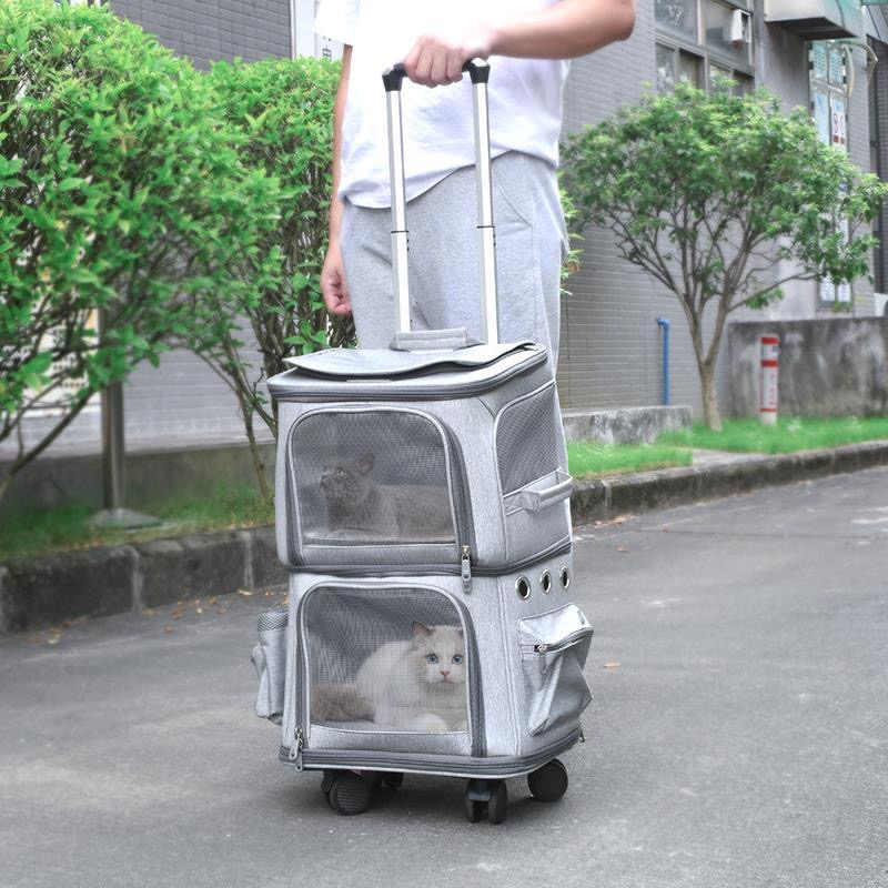 Elsabell. Ba lô đựng vật nuôi ngăn đôi Túi gấp ba cho mèo có bánh xe đẩy để đi du lịch