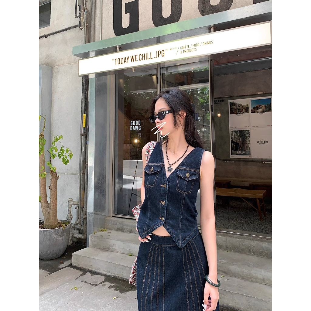 Set Áo Denim Không Tay Và Chân Váy Phong Cách Retro Cho Nữ