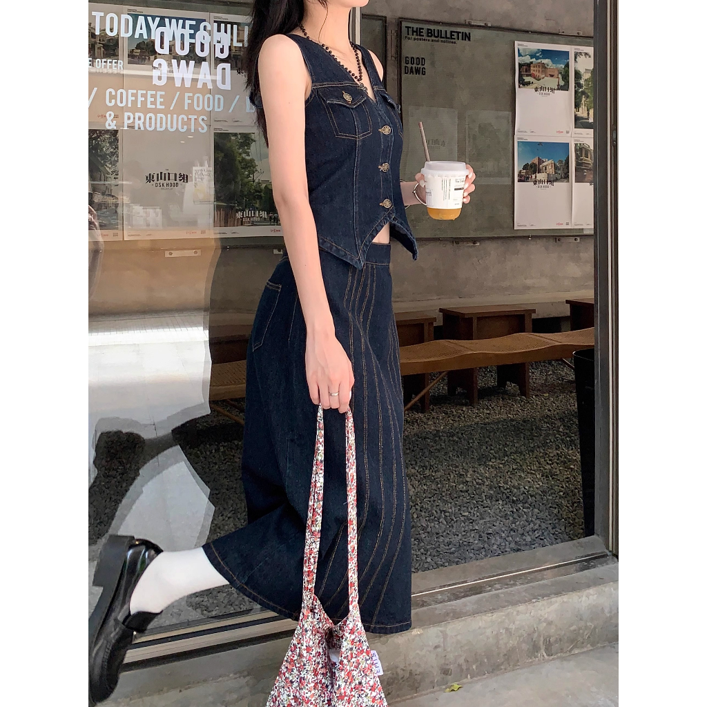 Set Áo Denim Không Tay Và Chân Váy Phong Cách Retro Cho Nữ