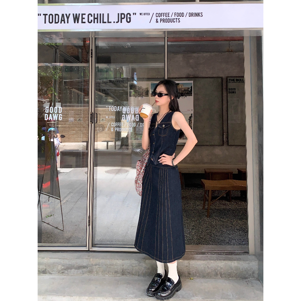 Set Áo Denim Không Tay Và Chân Váy Phong Cách Retro Cho Nữ