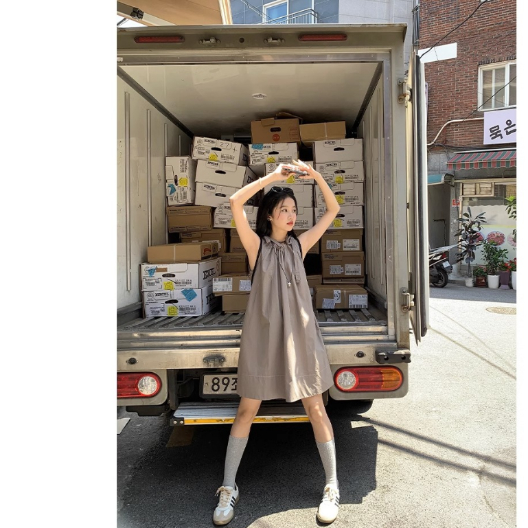 Đầm Hai Dây Dáng Chữ A Màu Xám Thời Trang Mùa Hè Cho Nữ