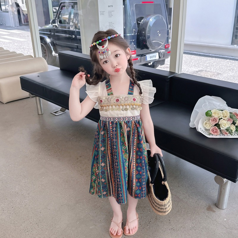 Đầm Hán phục tay cánh tiên dân tộc mùa hè phong cách công chúa cho bé gái
