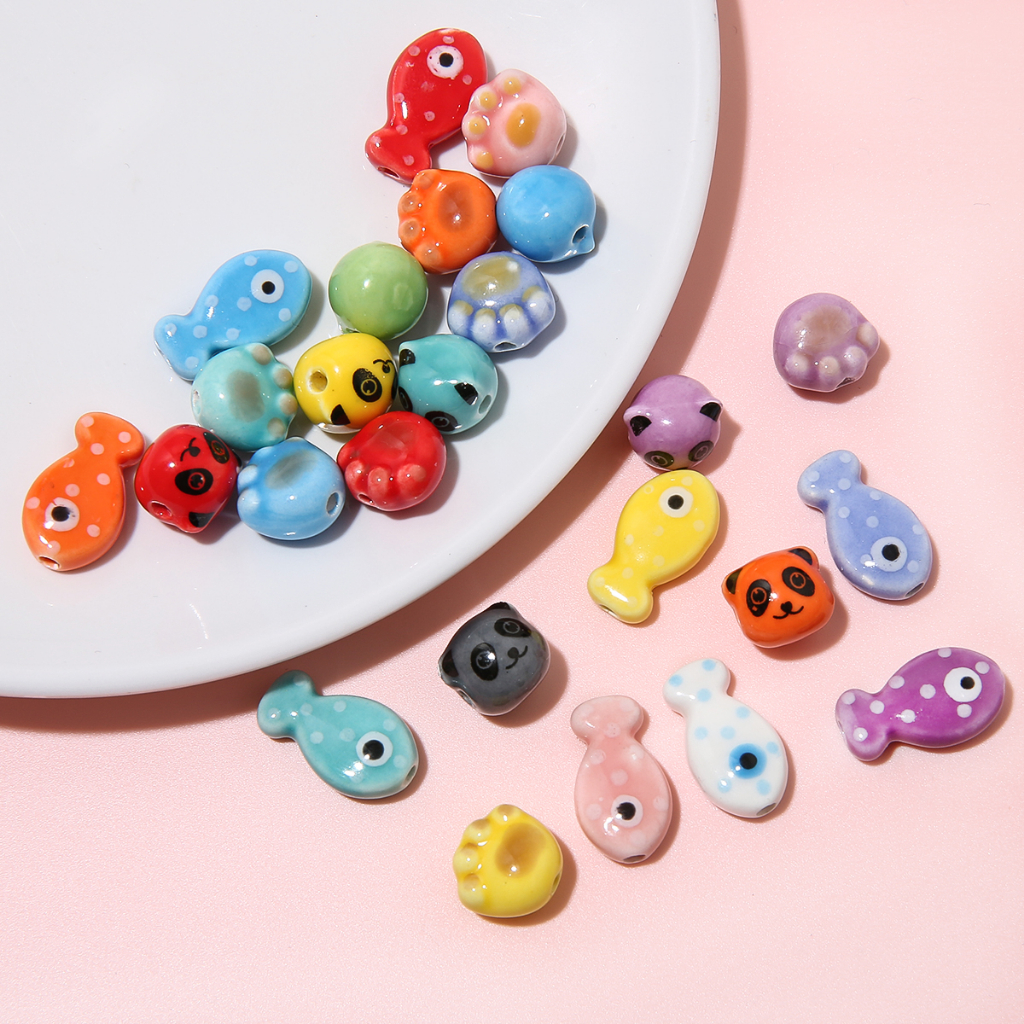 Beadia Túi 10 Hạt Sứ In Hình Móng Vuốt Mèo / Gấu Trúc / Cá Nhiều Màu Sắc Dùng Làm Trang Sức DIY