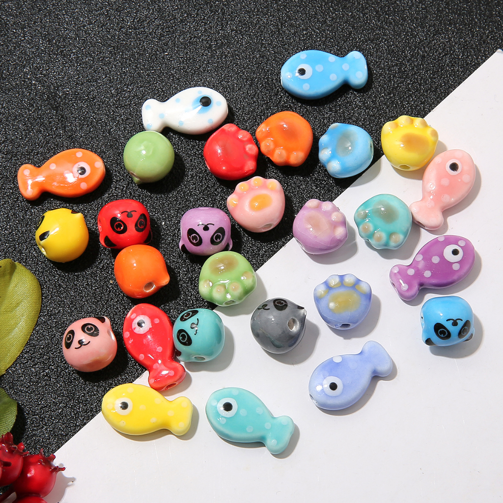 Beadia Túi 10 Hạt Sứ In Hình Móng Vuốt Mèo / Gấu Trúc / Cá Nhiều Màu Sắc Dùng Làm Trang Sức DIY