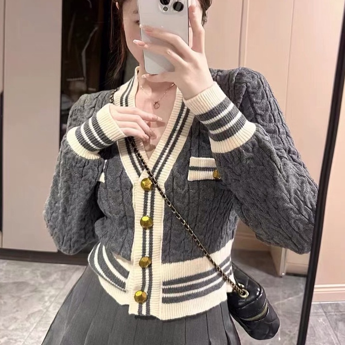 Áo Khoác Cardigan Cổ Chữ V Màu Sắc Tương Phản Phong Cách Preppy Cho Nữ