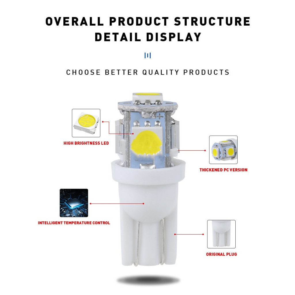 Bóng Đèn LED T10 5050 5smd 5W5 12V Gắn Biển Số Xe Hơi Xe Máy