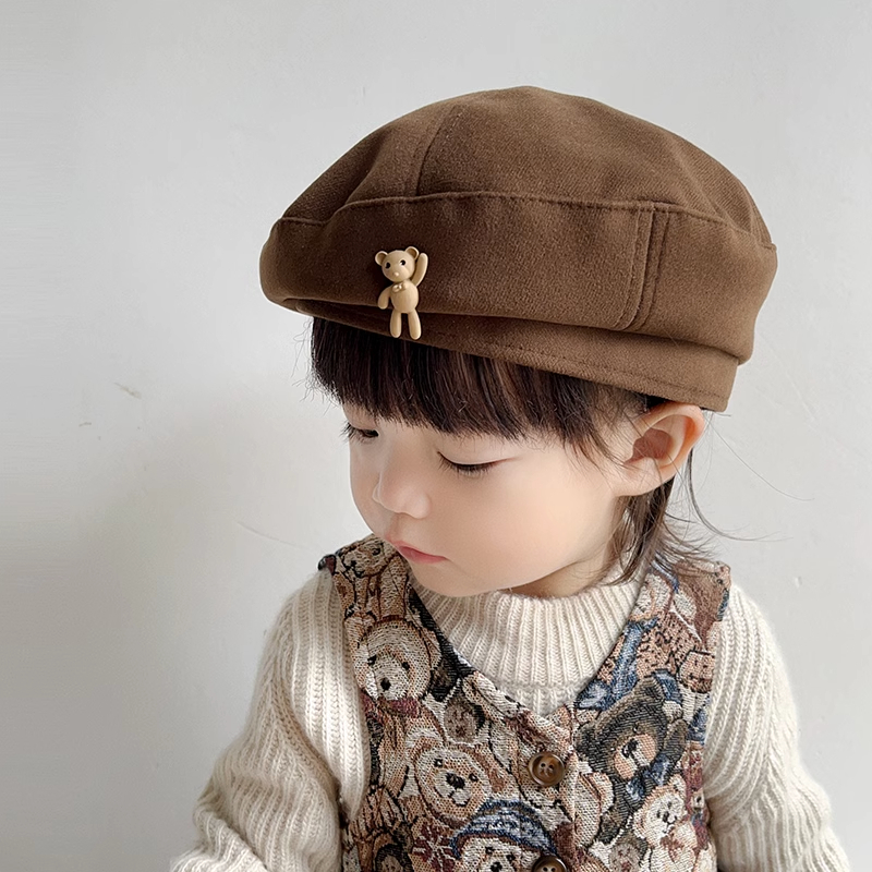 Mũ Beret Len Màu Nâu In Hoạt Hình Phong Cách Retro Nhật Bản Thời Trang Thu Đông Cho Bé
