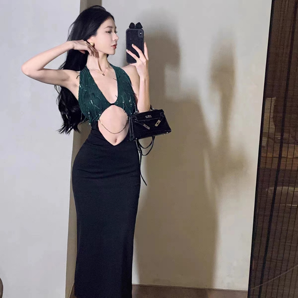Klalien Đầm Maxi Hai Dây Cổ Chữ V Đính Kim Sa Lấp Lánh Phong Cách Châu Âu Quyến Rũ