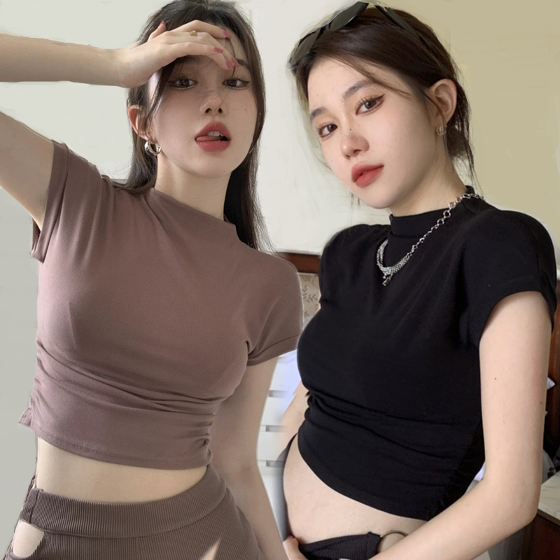 【WANG JIAO ZHAN】Áo Croptop Tay Ngắn Cổ Cao Màu Sắc Đơn Giản Cho Nữ【9972】