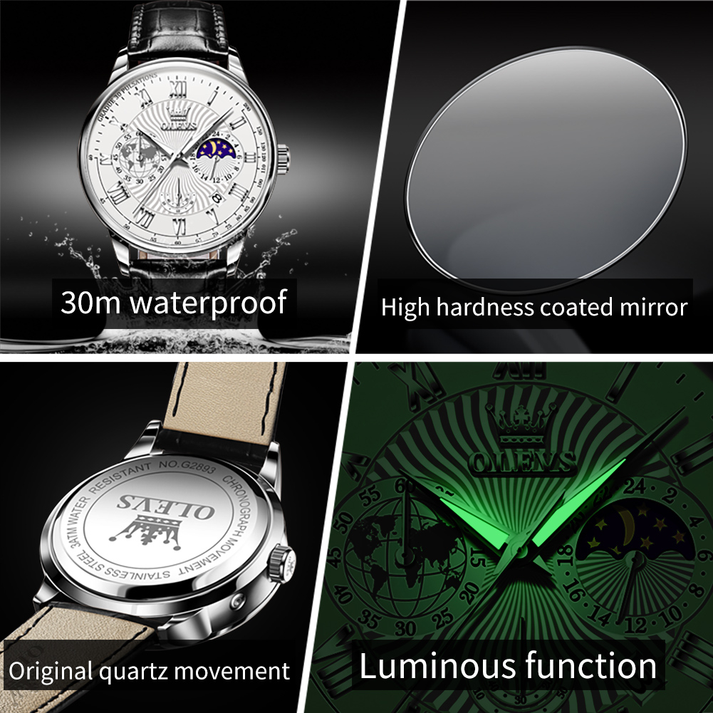 OLEVS Đồng hồ nam chính hãng Dây da chống nước phát 2893