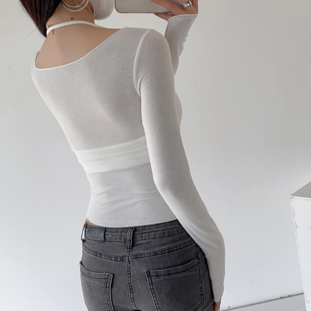 Châu Âu Mỹ ins Hot Girl Cổ Thấp Bé Gái Áo Sơ Mi Đáy Hai Mảnh Bộ Hai Mảnh Màu Sắc Tương Phản Dây Camisole + Áo Ngắn Tay Dài Tay Ôm-Fit Slimmer Look Suit Pure Desire