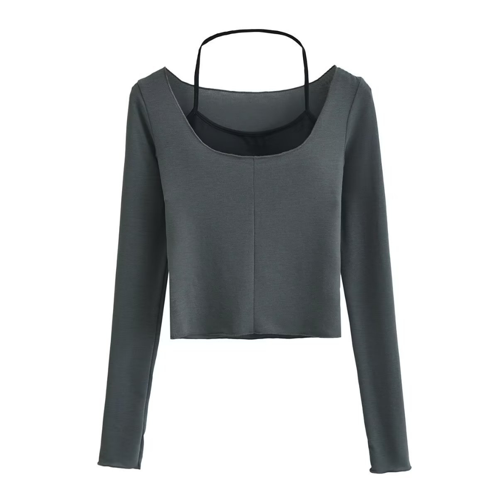 Châu Âu Mỹ ins Hot Girl Cổ Thấp Bé Gái Áo Sơ Mi Đáy Hai Mảnh Bộ Hai Mảnh Màu Sắc Tương Phản Dây Camisole + Áo Ngắn Tay Dài Tay Ôm-Fit Slimmer Look Suit Pure Desire