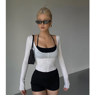 Châu Âu Mỹ ins Hot Girl Cổ Thấp Bé Gái Áo Sơ Mi Đáy Hai Mảnh Bộ Hai Mảnh Màu Sắc Tương Phản Dây Camisole + Áo Ngắn Tay Dài Tay Ôm-Fit Slimmer Look Suit Pure Desire