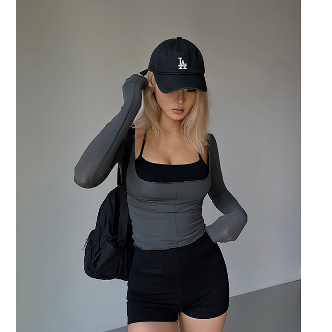 Châu Âu Mỹ ins Hot Girl Cổ Thấp Bé Gái Áo Sơ Mi Đáy Hai Mảnh Bộ Hai Mảnh Màu Sắc Tương Phản Dây Camisole + Áo Ngắn Tay Dài Tay Ôm-Fit Slimmer Look Suit Pure Desire