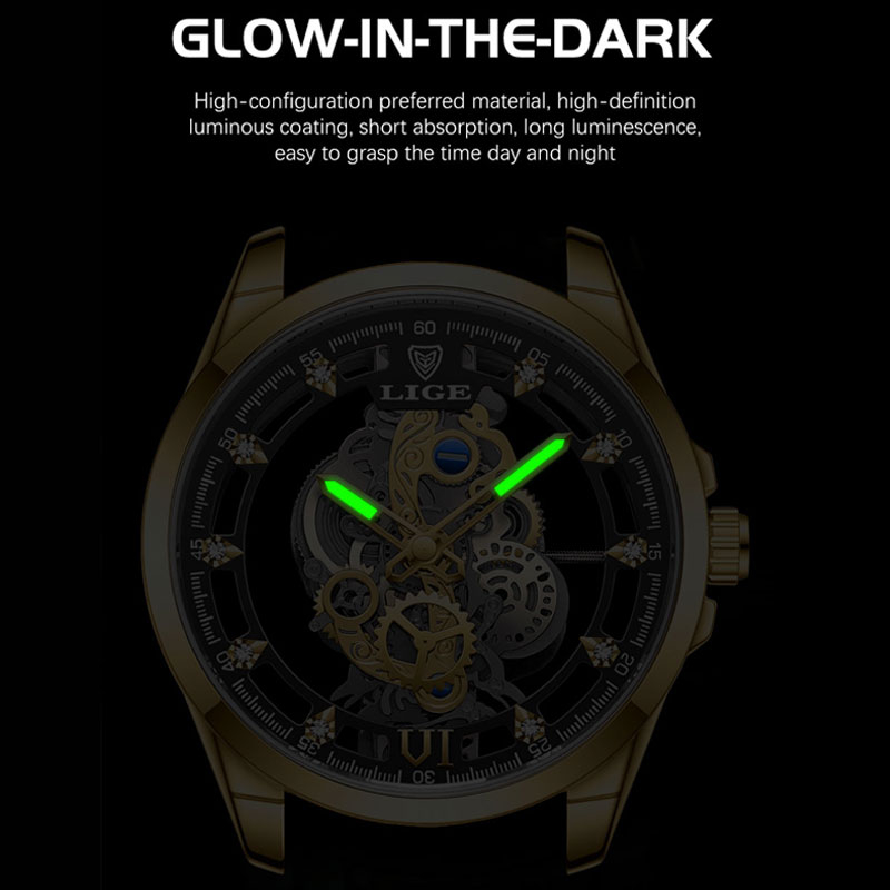 LIGE đồng hồ nam thời trang dây đồng hồ da chống nước đồng hồ Thời trang Casual Hollow Thiết kế Wrist Watch