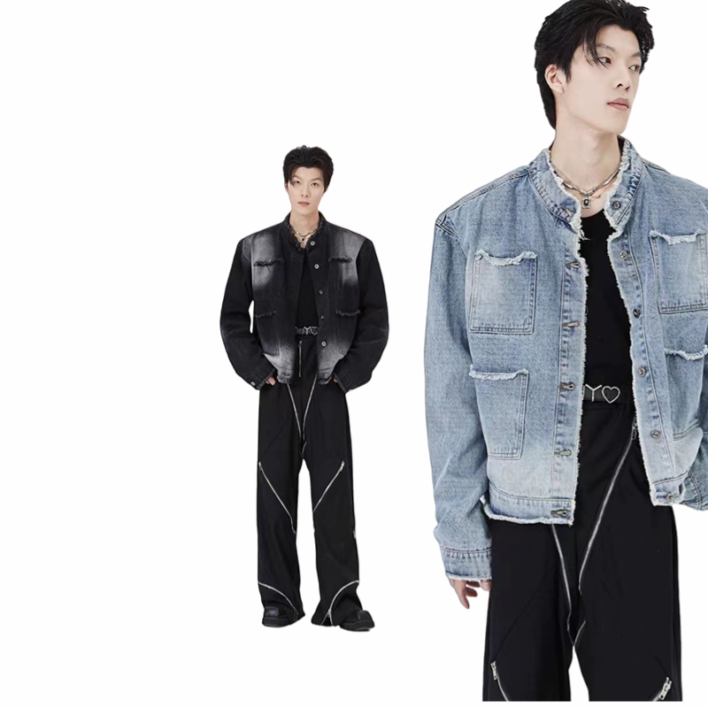 Áo khoác nam denim thời trang hàn quốc cá tính áo khoác nam cổ trụ form rộng áo khoát nam nữ màu rắn tuổi trẻ bách đáp áo khoác denim