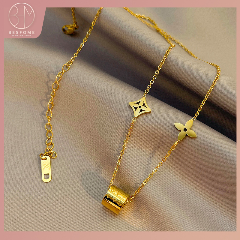Besfome Vòng cổ Và Vòng Tay Bằng Thép Không Gỉ Mạ Vàng 18k Họa Tiết Cỏ Bốn Lá May Mắn