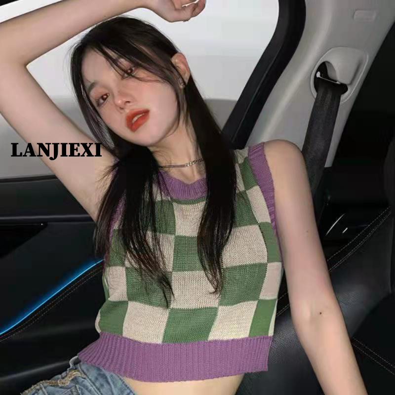 LANJIEXI Áo croptop dệt kim không tay họa tiết sọc caro thời trang Hàn Quốc
