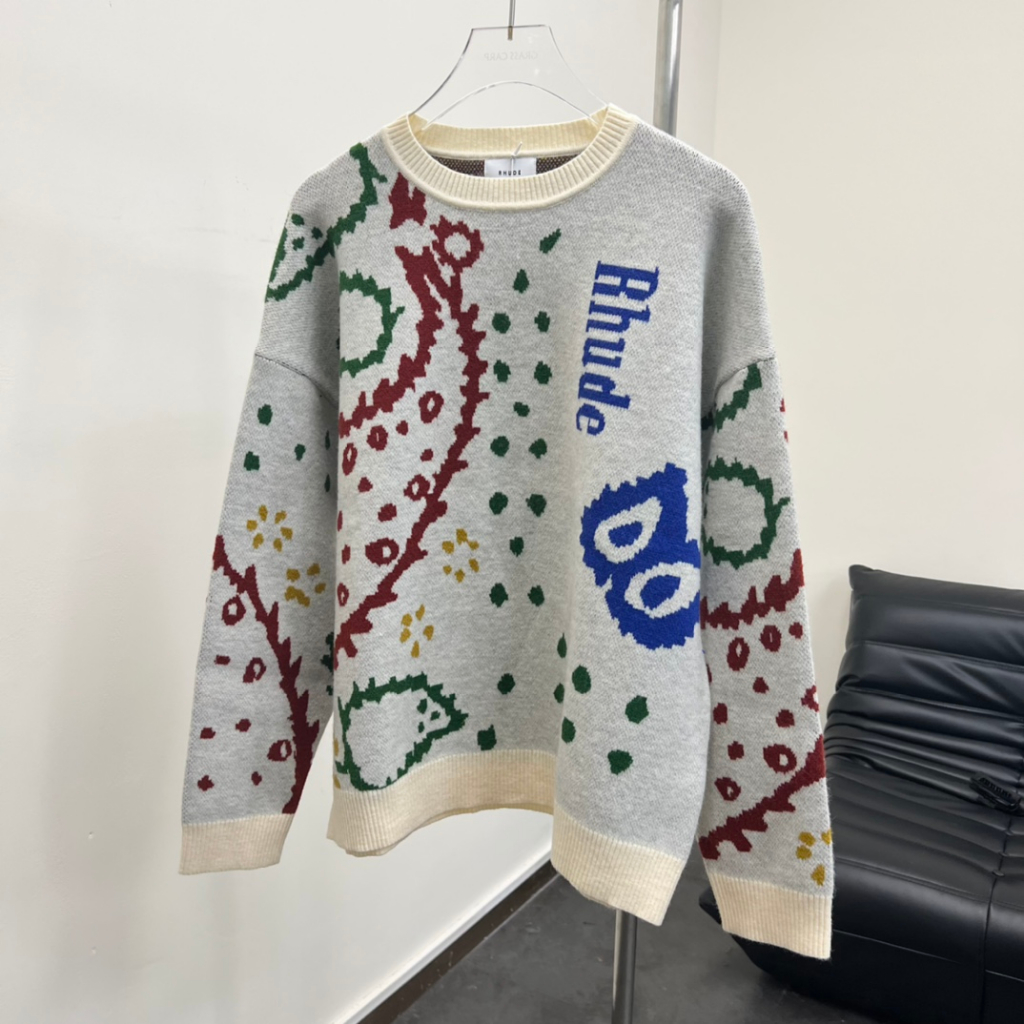 Mới Áo sweater Dệt Kim Tay Dài Cổ Tròn Họa Tiết RHUDE Kiểu Vintage Đường Phố Cá Tính