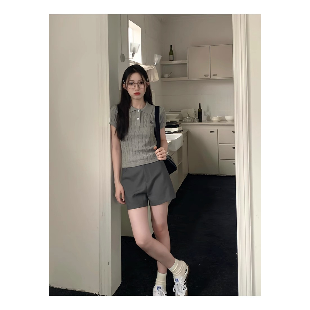 Áo thun BJHG WAVW polo dệt kim tay ngắn dáng ôm thêu họa tiết phong cách preppy ngọt ngào thời trang mùa hè mới cho nữ