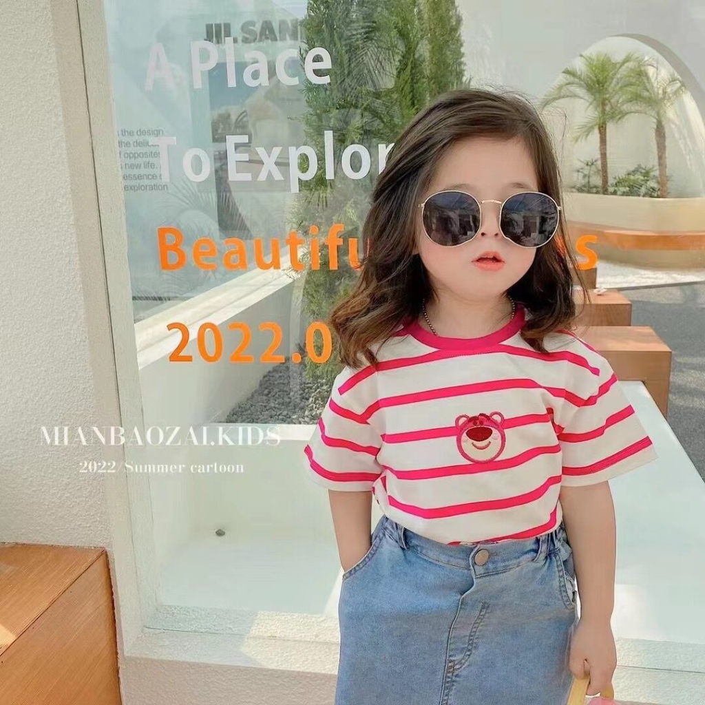BABEPROUD  Áo Thun Ngắn Tay Kẻ Sọc In Hình Gấu Dâu Tây Thời Trang Mùa Hè Mới Cho Bé Gái 1-7 Tuổi