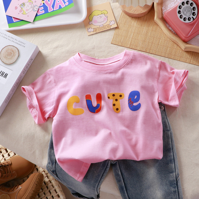 Áo thun ngắn tay cổ tròn màu kẹo dễ thương nhỏ tươi mát phong cách mùa hè cho trẻ em