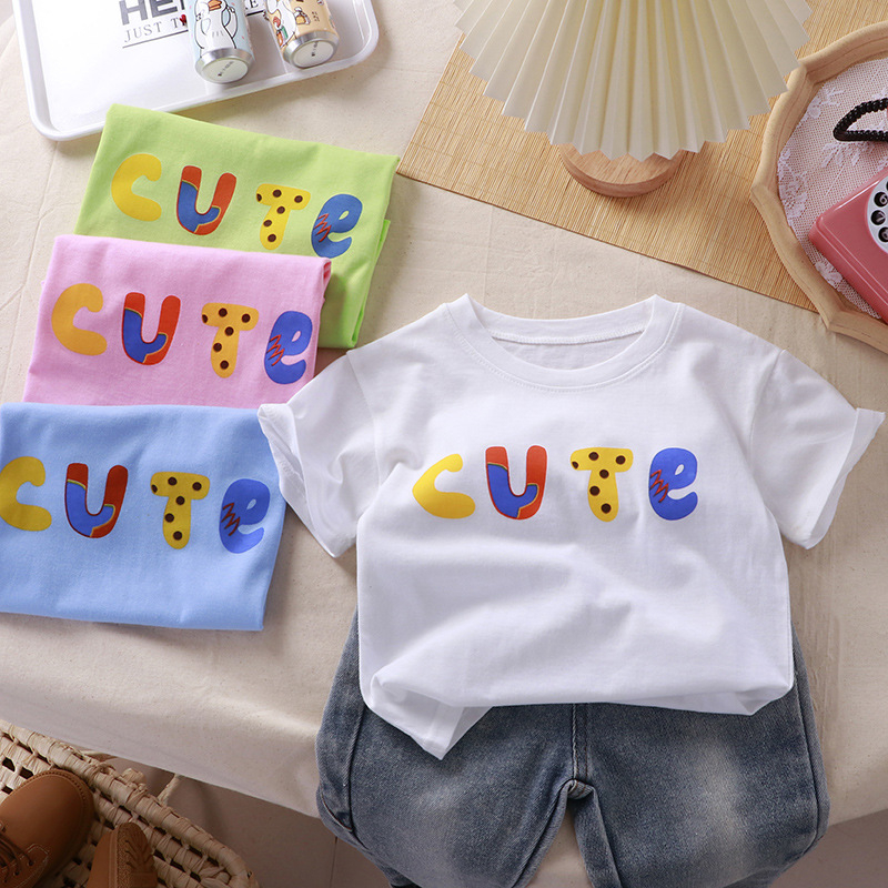 Áo thun ngắn tay cổ tròn màu kẹo dễ thương nhỏ tươi mát phong cách mùa hè cho trẻ em