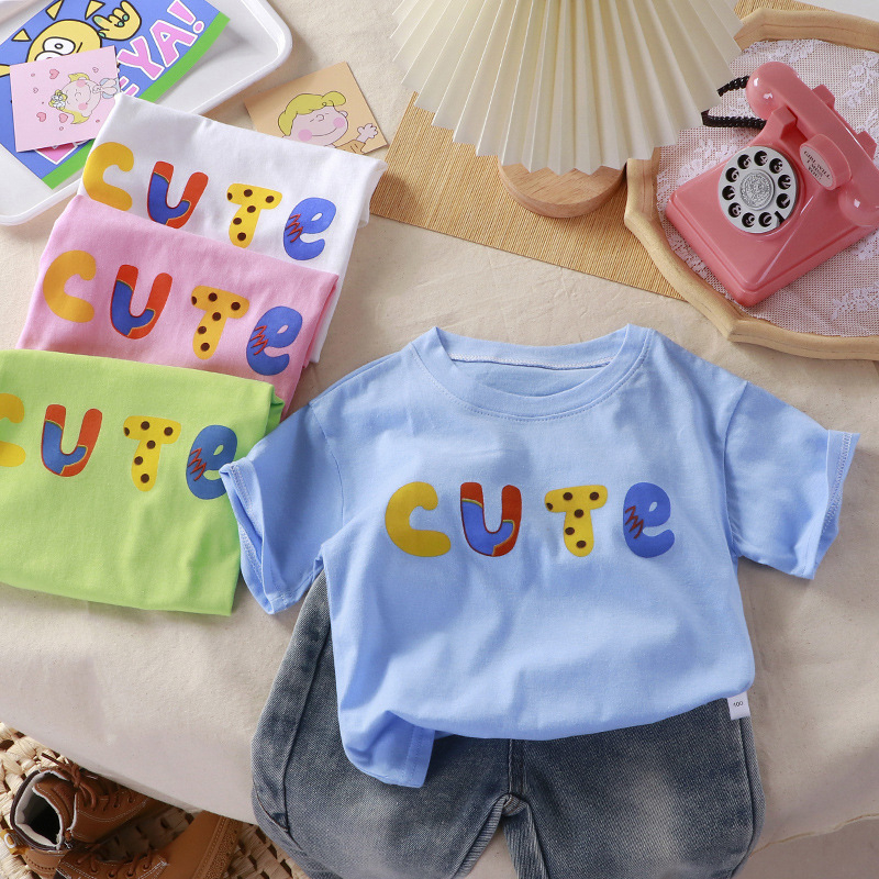 Áo thun ngắn tay cổ tròn màu kẹo dễ thương nhỏ tươi mát phong cách mùa hè cho trẻ em