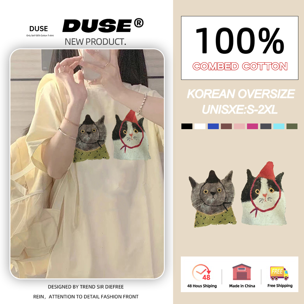 「DUSE」Áo Thun 100% cotton Tay Ngắn Cổ Tròn In Hình Mèo kitty Dễ Thương Phong Cách Hàn Quốc