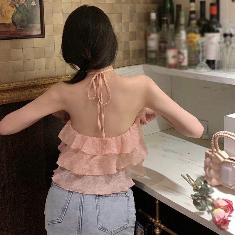 Áo Croptop Chất Chiffon Hoạ Tiết Hoa 3D Thiết Kế Hở Lưng Quyến Rũ Cho Nữ