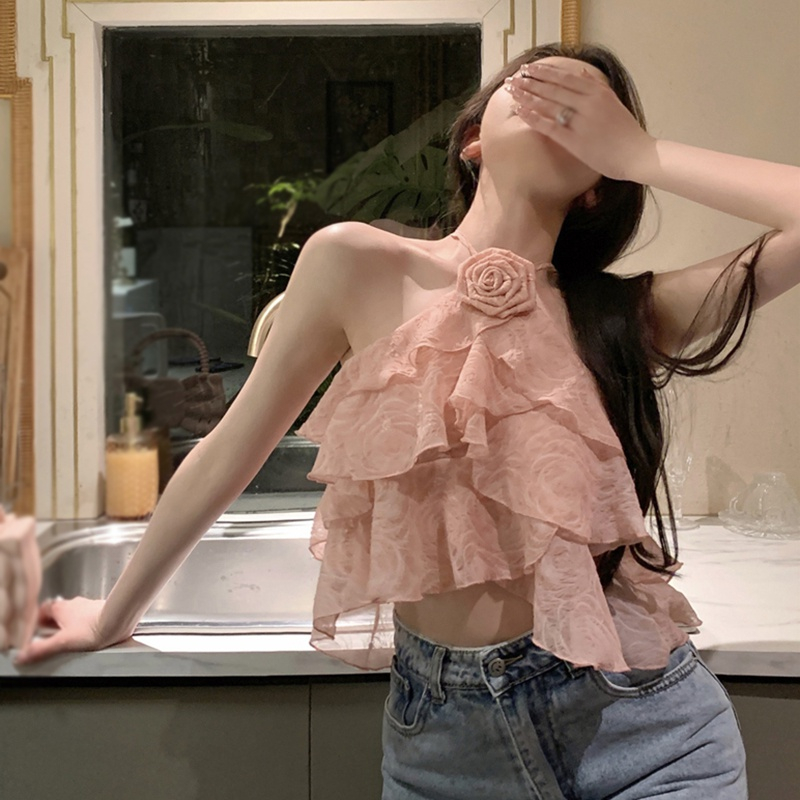 Áo Croptop Chất Chiffon Hoạ Tiết Hoa 3D Thiết Kế Hở Lưng Quyến Rũ Cho Nữ