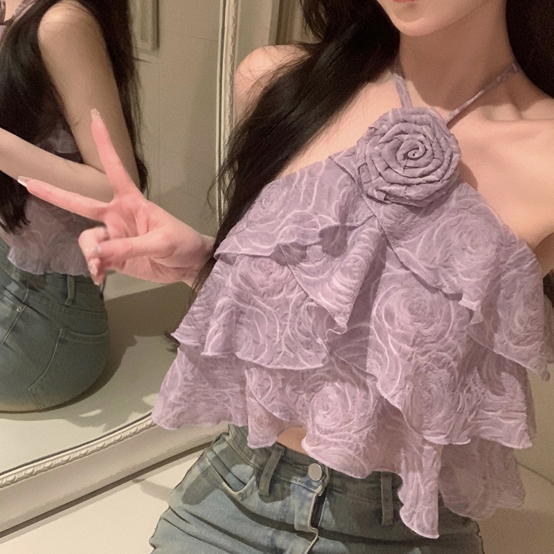 Áo Croptop Chất Chiffon Hoạ Tiết Hoa 3D Thiết Kế Hở Lưng Quyến Rũ Cho Nữ