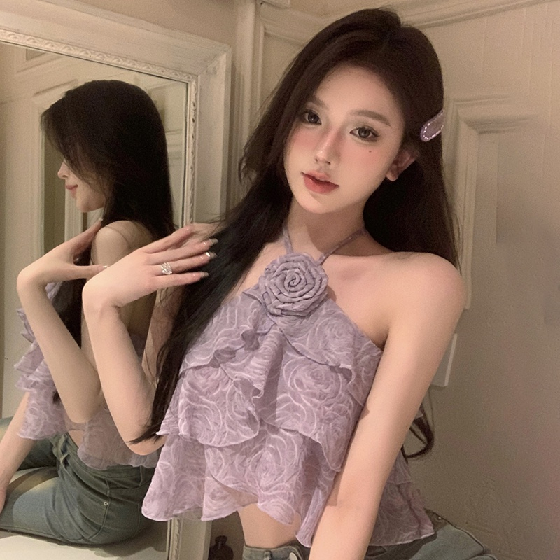Áo Croptop Chất Chiffon Hoạ Tiết Hoa 3D Thiết Kế Hở Lưng Quyến Rũ Cho Nữ