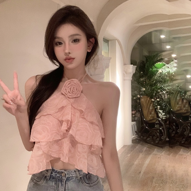 Áo Croptop Chất Chiffon Hoạ Tiết Hoa 3D Thiết Kế Hở Lưng Quyến Rũ Cho Nữ